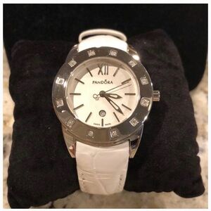 Pandora White Leather Silver-Tone Crystal Watch